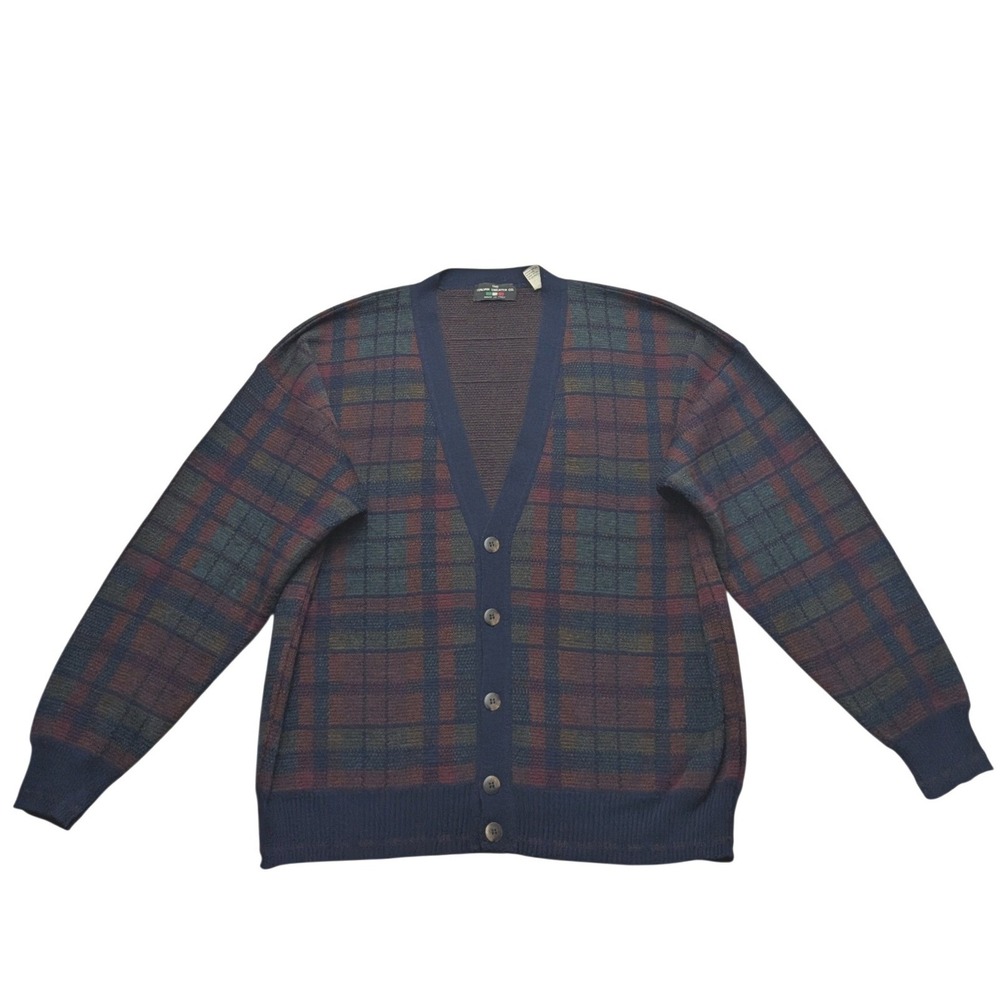 Vinatge Italian Sweater Co Cardigan Mens L Plaid Wool Blend V-Neck Made in Italy
